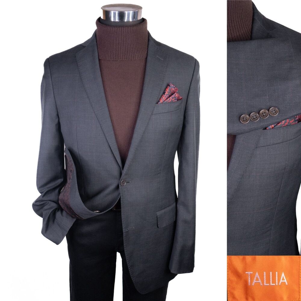 Tallia Men's Sport Coat Blazer Sz 38L Gray Plaid Wool 2-Button Casual Jacket